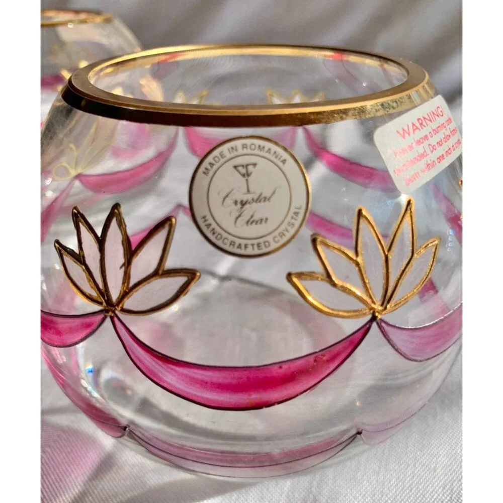 Handcrafted Romanian Crystal Bowl With Gold & Pink Lotus Design Elegant Vase Or